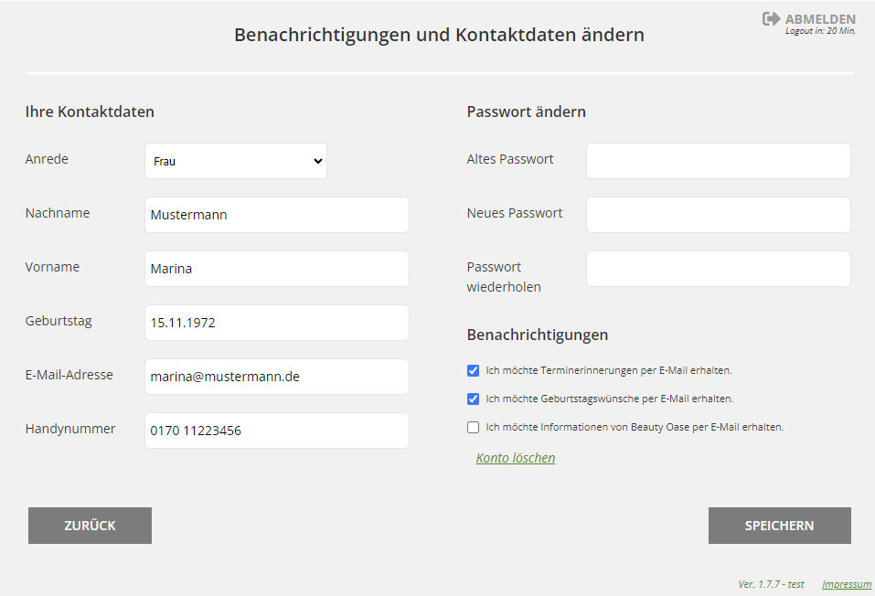 Benachrichtigungen und Kontaktdaten ändern (Terminbuch.de)